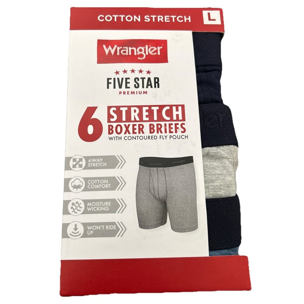 Wrangler Cotton Stretch Men's Boxer Briefs 6-Pack Underwear Moisture Wicking L